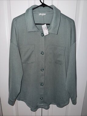 Maurices Light Sage Ribbed Button-Up Shirt Jacket